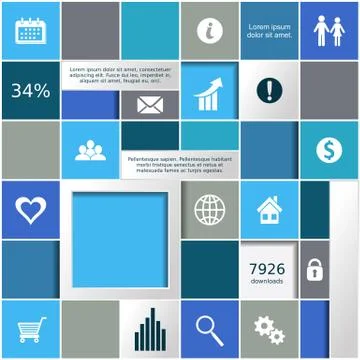 Abstract background with blue squares and infographic icons Illustration