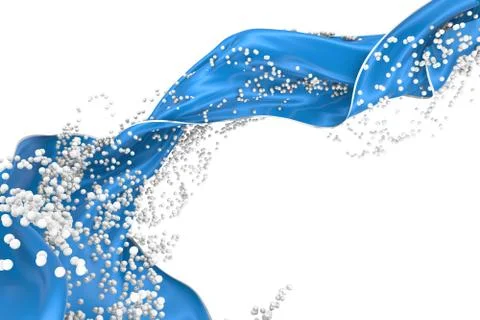 Abstract background of blue wavy silk or satin and white balls. 3d rendering  Stock Illustration