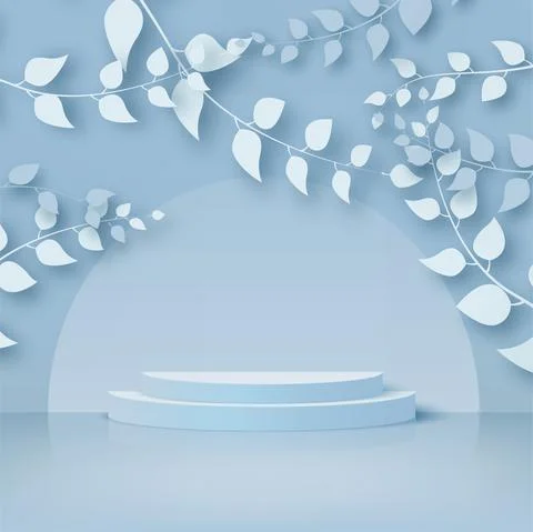Abstract background with branches and leaves and blue podium. Vector Stock Illustration
