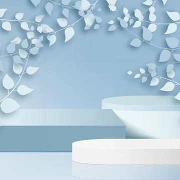 Abstract background with branches and leaves and blue podium. Vector Stock Illustration