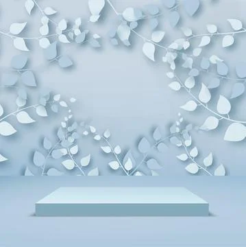 Abstract background with branches and leaves and blue podium. Vector Stock Illustration