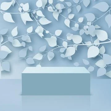 Abstract background with branches and leaves and blue podium. Vector Illustrazione stock