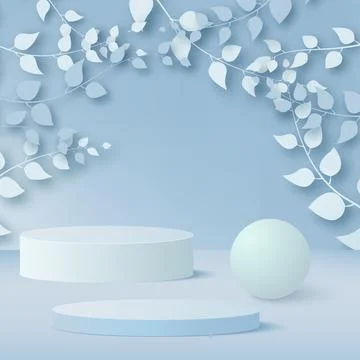Abstract background with branches and leaves and blue podium. Vector Stock Illustration