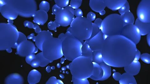 Abstract background with bright blue flying liquid bubbles glowing energy m.. Stock Illustration
