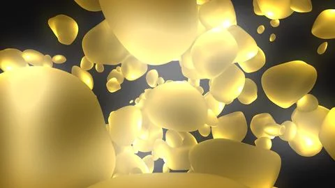 Abstract background with bright yellow gold flying liquid bubbles glowing e.. Stockillustratie