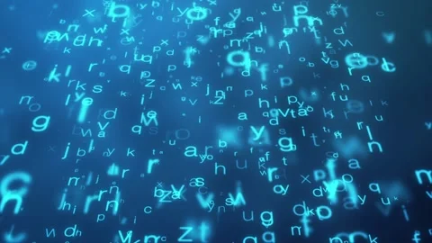 Abstract background. The camera flies past a large number of letters on a blue Stock Footage 150361445