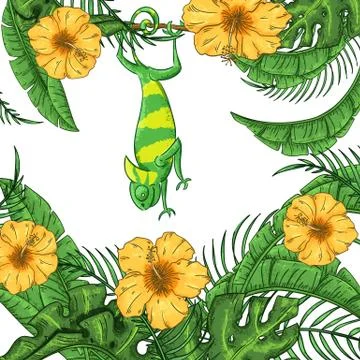 Abstract background with chameleon, insects and plants. Stock Illustration
