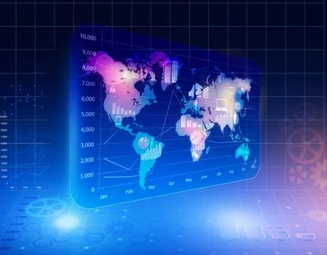 Abstract background with chart of screen icons and world map Stock Illustration