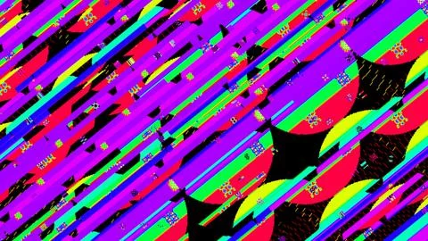 Abstract background with colorful diagonal lines and circular patterns on black Stock Illustration