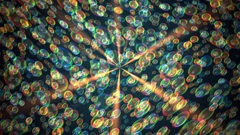 Abstract background of colorful flying soap bubbles with glowing light rays Stock Footage 334926678