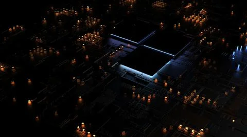 Abstract background on a computer theme in red backlight. 3d render on artifi Foto stock