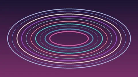 Abstract background with concentric neon circles on a dark purple gradient .. Stock Illustration