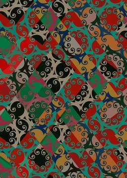 Abstract background of curls, small circles on colored rectangles. Illustrazione stock