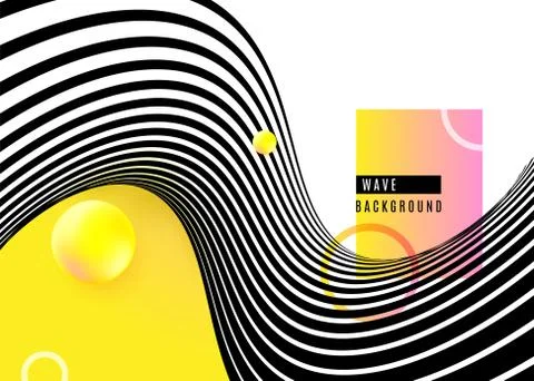 Abstract background design with stripe wave black and white lines, yellow sphere Stock Illustration