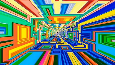 Abstract background. different rainbow geometric patterns. tunnel. 3d rende.. Stock Illustration