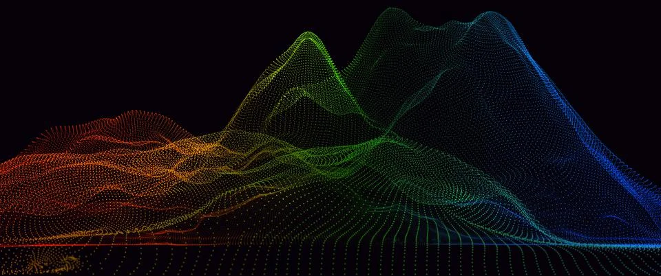 Abstract background with digital mountains of dots and colors. 3d illustration Stock Illustration