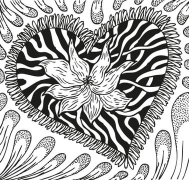 Abstract background of doodling hand drawn patterns, heart with streaks Stock Illustration