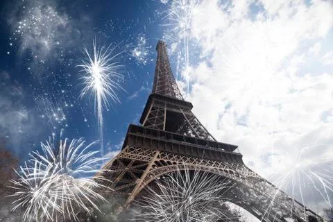 Abstract background of Eiffel tower with fireworks Stock Photos