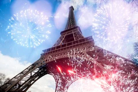 Abstract background of Eiffel tower with fireworks Stock Photos
