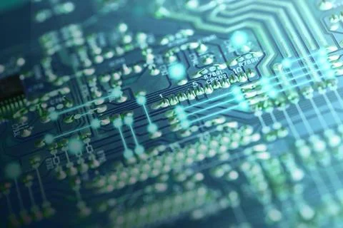 Abstract background with electronic board and neon gradient. Stock Photos