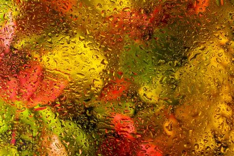 Abstract background fall, glass drops autumn yellow leaves wet october weathe 库存照片