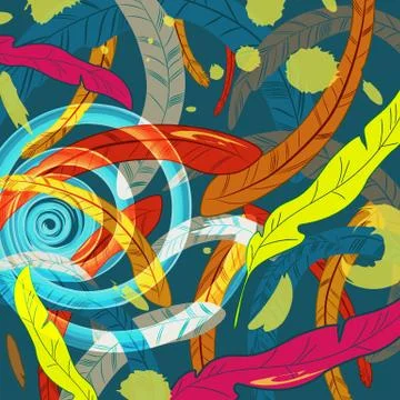 Abstract background of falling feathers, drops and swirl Stock Illustration