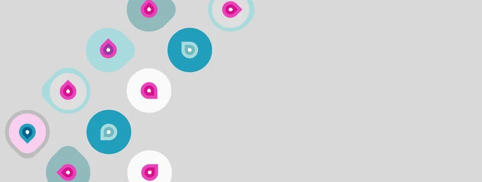 Abstract background features circular shapes, pink droplets, teal hues. Stock Illustration