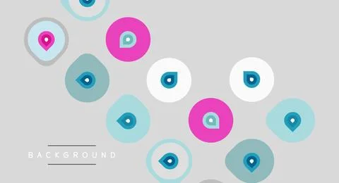 Abstract background features colorful circles, map markers. Soft gray tones Stock Illustration