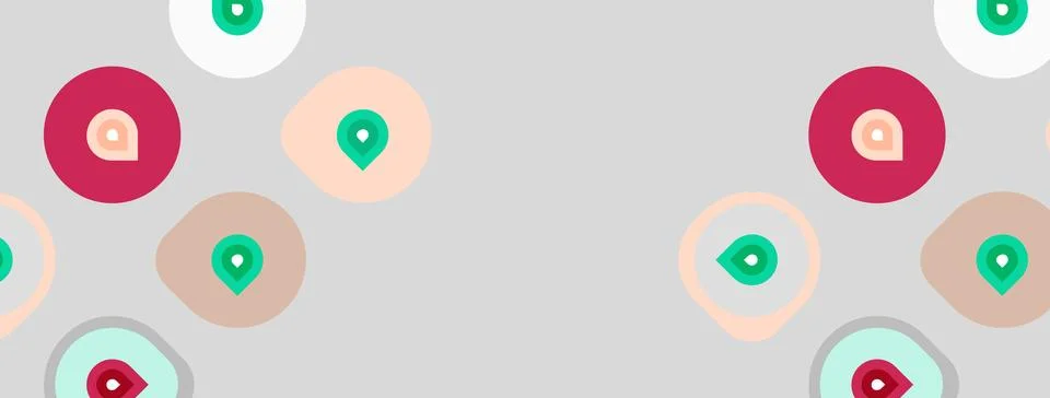 Abstract background features colorful circles, map markers. Soft pastel tones Illustrazione stock