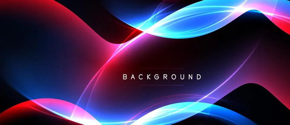 Abstract background features flowing shapes, vibrant blues, reds, pinks. Dark Illustrazione stock