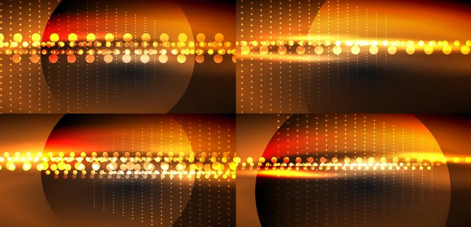Abstract background features glowing circles, lines, dots. Warm orange, red.. Stock Illustration