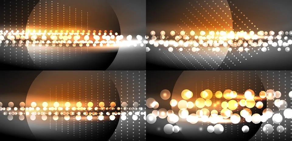 Abstract background features glowing orbs, lines, curves. Dark backdrop enh.. Stock Illustration