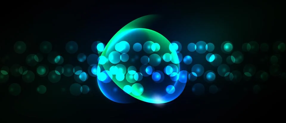 Abstract background features glowing orbs, vibrant blues, greens. Bubbles c.. Ilustração Stock
