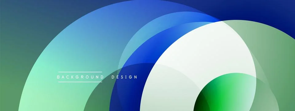 Abstract background features overlapping circles. Gradient colors blend blue, Illustrazione stock