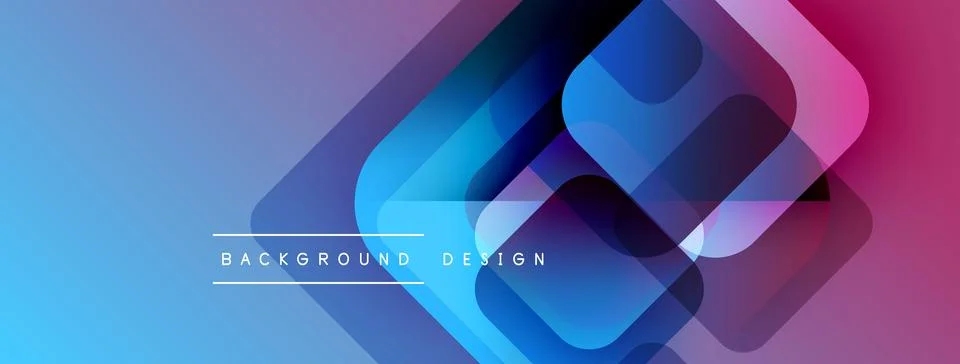 Abstract background features overlapping rounded squares. Gradient blends blue, Illustrazione stock