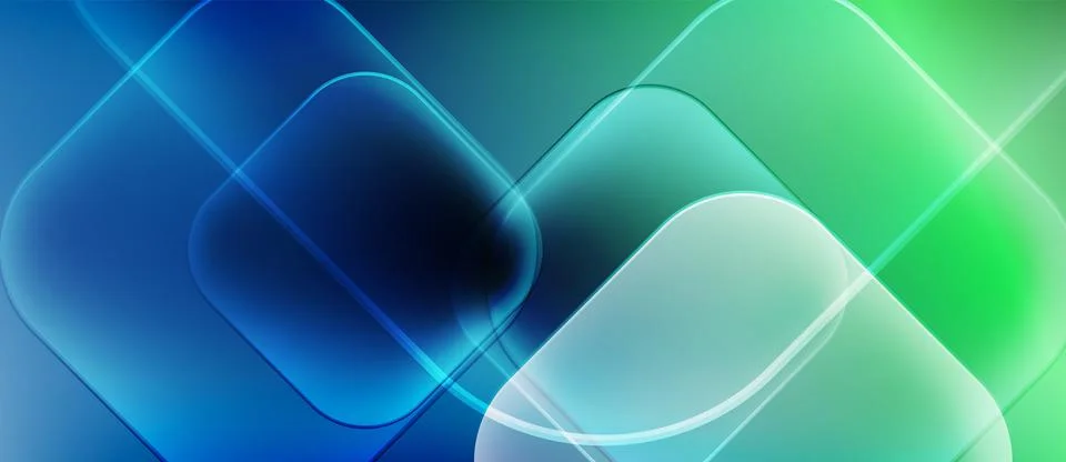 Abstract background features overlapping squares. Blue, green hues create modern Illustrazione stock