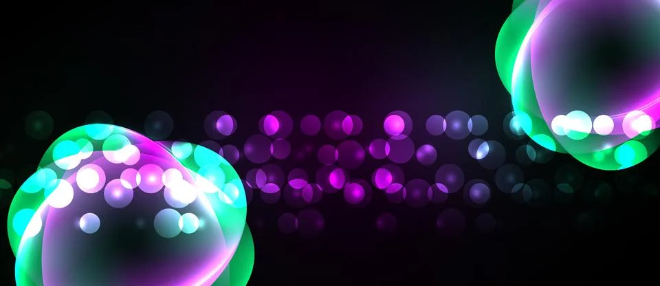 Abstract background features vibrant bubbles, glowing orbs, purple hues, teal Иллюстрация