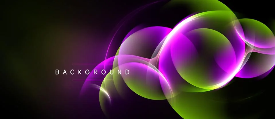 Abstract background features vibrant glowing lines, circles, gradients. Purpl Ilustración de archivo