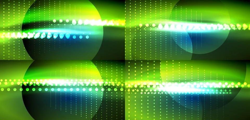 Abstract background features vibrant green glowing circles, lines. Digital Illustrazione stock