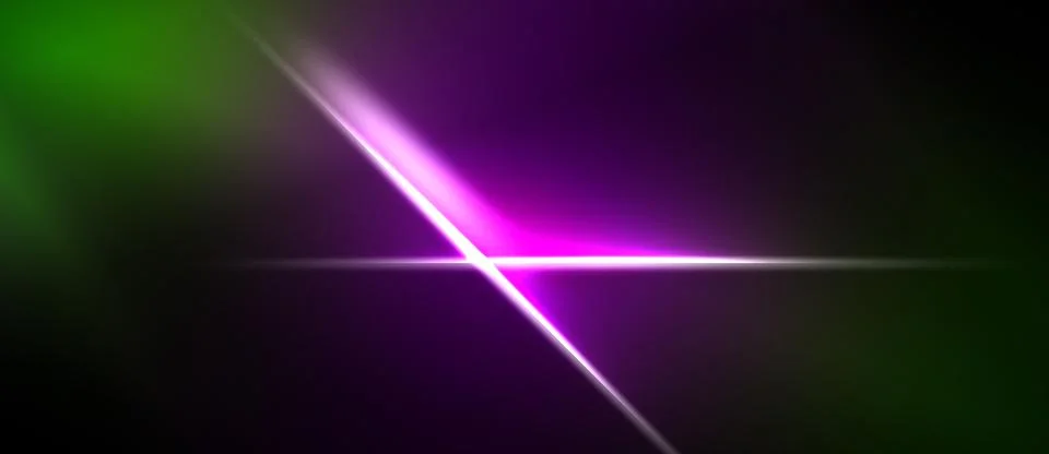 Abstract background features vibrant green, purple light streaks. Diagonal li Stock Illustration