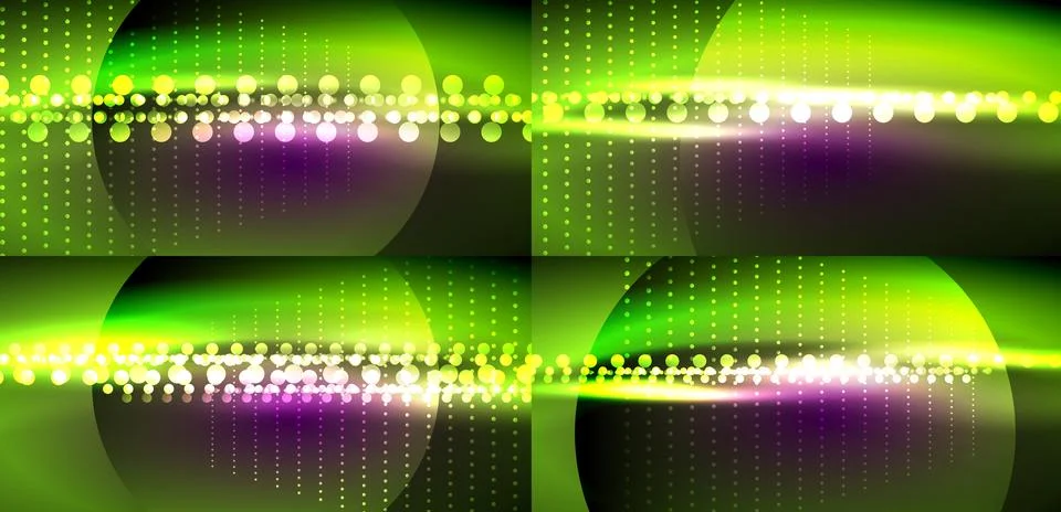 Abstract background features vibrant green, purple lights. Circles, lines c.. Stock Illustration