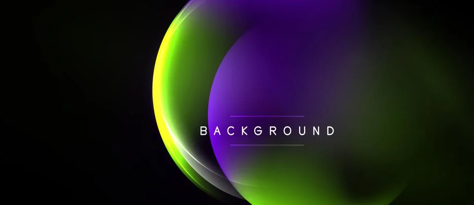 Abstract background features vibrant purple, green hues. Overlapping circles Illustrazione stock
