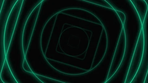 Abstract background featuring glowing green neon rounded square light trails Video stock 335117858