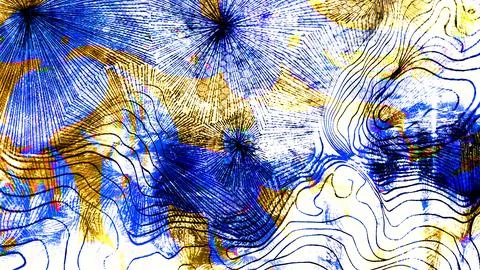 Abstract background featuring intricate line art, vibrant blue and gold splatter Illustrazione stock
