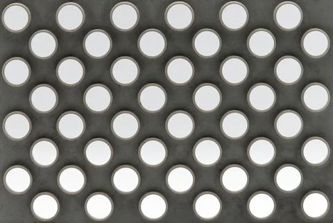 Abstract background featuring a repeating pattern of dark gray circular holes Stock Photos