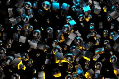 Abstract background with flying metal boxes and spheres on a black background Illustrazione stock