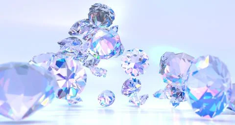 Abstract background with flying purple gem stones. Iridescent faceted rocks Stock Illustration