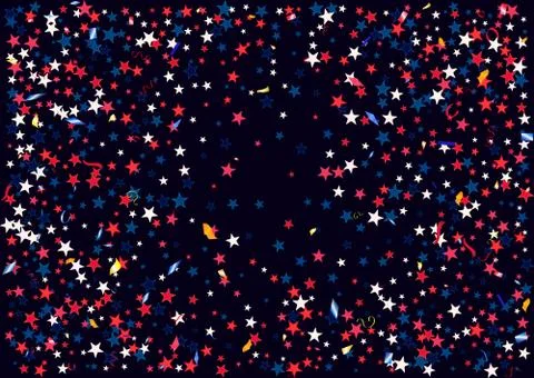 Abstract background with flying red blue silver stars confetti isolated. Blan Stock Illustration