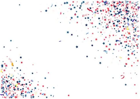 Abstract background with flying red blue silver stars confetti isolated. Blan Stock Illustration