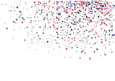 Abstract background with flying red blue silver stars confetti isolated. Blan Stock Illustration